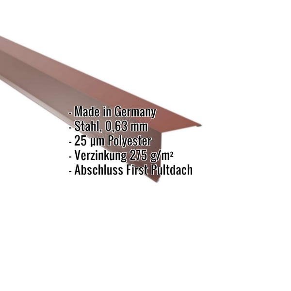 Pultabschluss aus Stahl, rotbraun RAL 8012, 0,63 mm, mit Polyesterbeschichtung und eingeblendeten Eckdaten