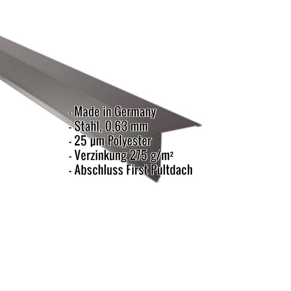 Pultabschluss Schokoladenbraun RAL 8017 mit eingeblendeten Eckdaten zu Material, Staerke und Beschichtung