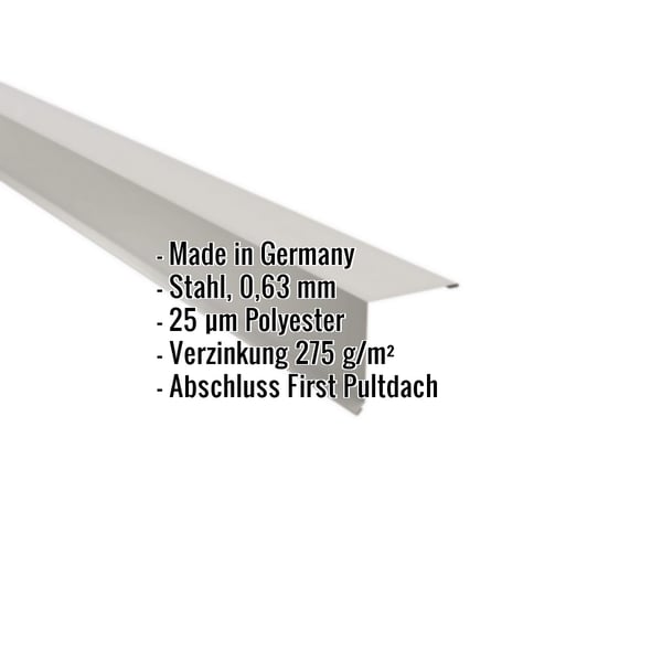 Pultabschluss aus Stahl, Weißaluminium RAL 9006, 0,63 mm, mit eingeblendeten Eckdaten