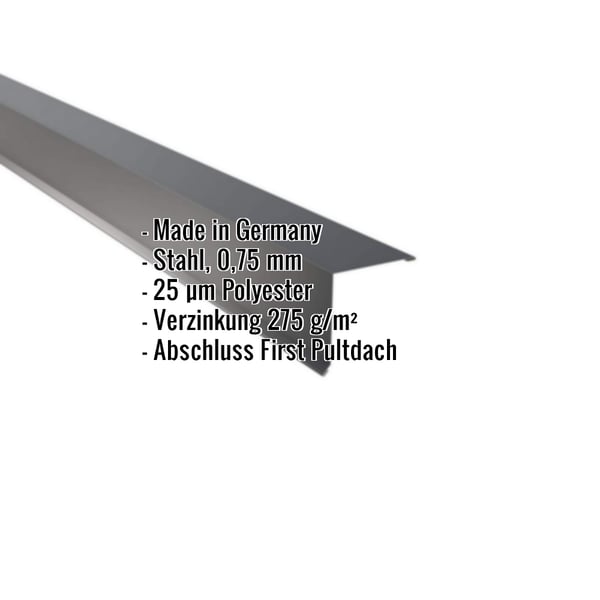 Pultabschluss aus anthrazitgrauem Stahl, 0,75 mm, mit Polyesterbeschichtung, Eckdaten eingeblendet