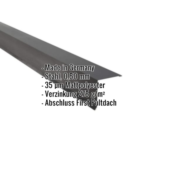 Pultabschluss aus dunkelgrauem Stahl mit Mattpolyester-Beschichtung, Eckdaten eingeblendet