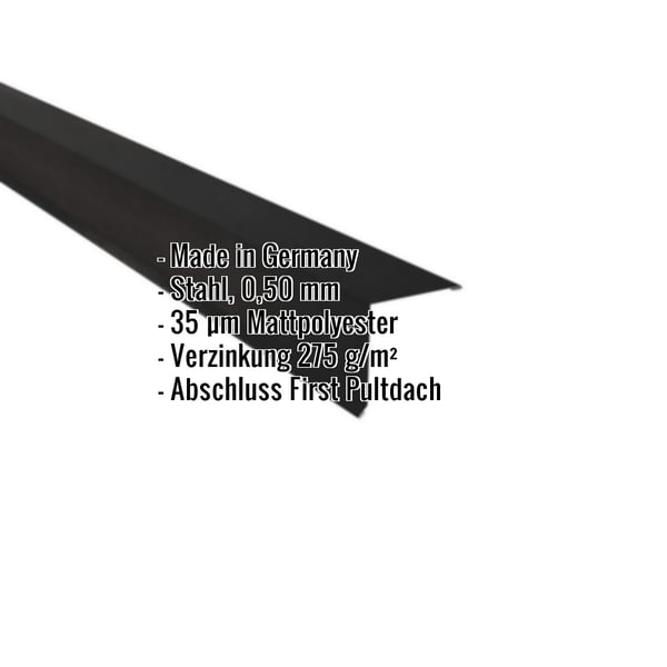 Pultabschluss Stahl 0,50 mm Schwarz Mattpolyester mit eingeblendeten Eckdaten