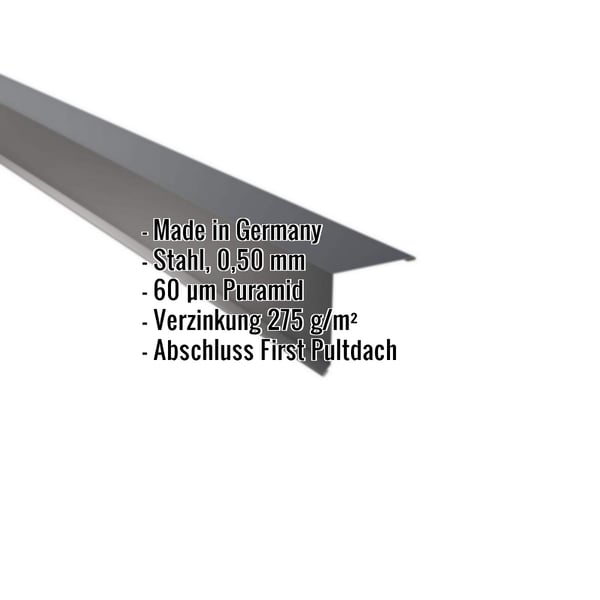 Pultabschluss aus anthrazitgrauem Stahl, 0,50 mm, mit 60 µm Puramid Beschichtung, Eckdaten eingeblendet