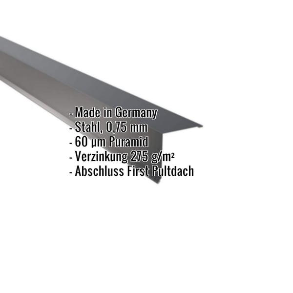 Pultabschluss aus Stahl, Anthrazitgrau, mit eingeblendeten Eckdaten zu Material, Stärke und Beschichtung
