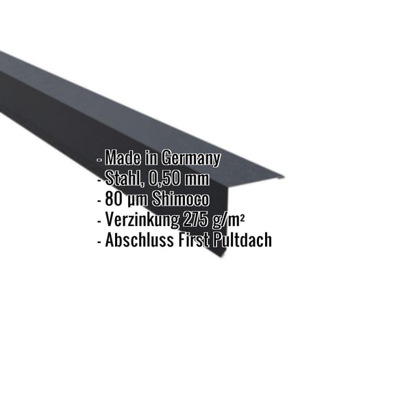 Pultabschluss Stahl Anthrazitgrau 0,50 mm, mit eingeblendeten Eckdaten zu Material, Staerke und Beschichtung