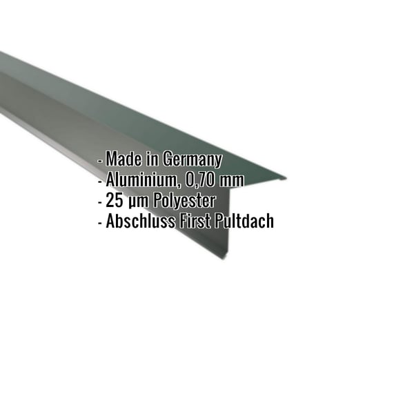 Pultabschluss Aluminium moosgrün mit eingeblendeten Eckdaten Made in Germany, 0,70 mm, 25 µm Polyester