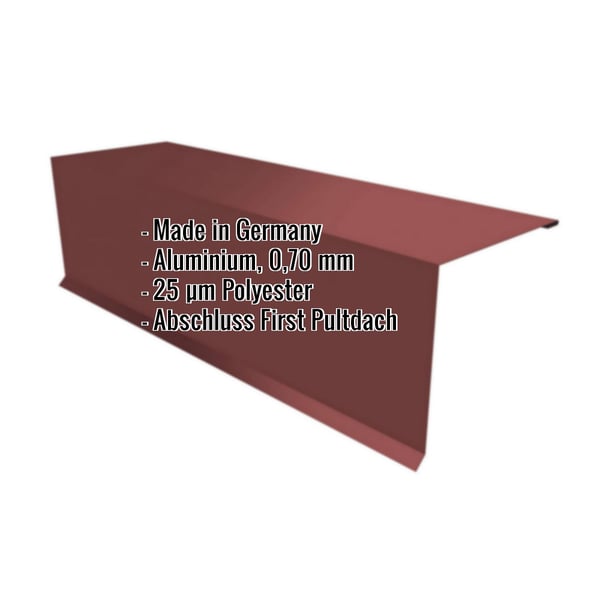 Pultabschluss Aluminium Rotbraun RAL 8012 mit eingeblendeten Eckdaten zu Material und Beschichtung