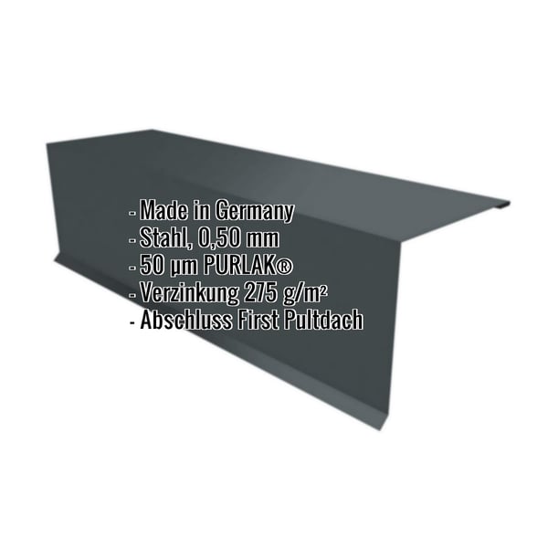 Pultabschluss Anthrazitgrau RAL 7016, 0,50 mm Stahl mit PURLAK Beschichtung, Infografik mit Eckdaten
