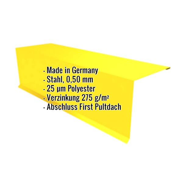 Pultabschluss aus Stahl, rapsgelb, 0,50 mm, mit eingeblendeten Eckdaten