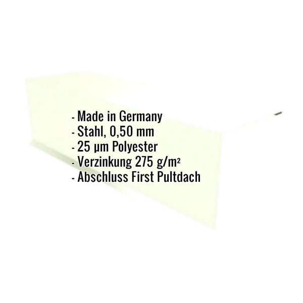 Pultabschluss Stahl Grauweiß mit eingeblendeten Eckdaten zu Material, Stärke und Beschichtung