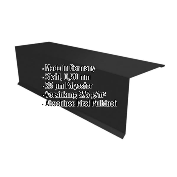 Pultabschluss Tiefschwarz RAL 9005 aus Stahl 0,50 mm, mit eingeblendeten Produktdaten