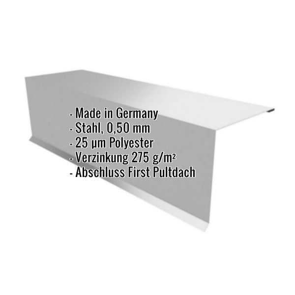 Pultabschluss aus Stahl 0,50 mm in Weißaluminium, mit eingeblendeten Eckdaten