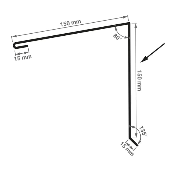 Technische Zeichnung Pultabschluss mit Massen 150 mm, 15 mm und Winkeln 80°, 135°