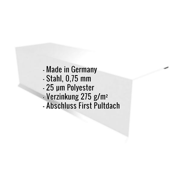 Pultabschluss aus Stahl, lichtgrau, mit eingeblendeten Eckdaten zu Material, Staerke und Beschichtung