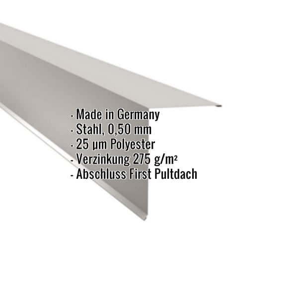 Pultabschluss Lichtgrau RAL 7035 aus Stahl 0,50 mm, Polyester 25 µm beschichtet, mit eingeblendeten Eckdaten
