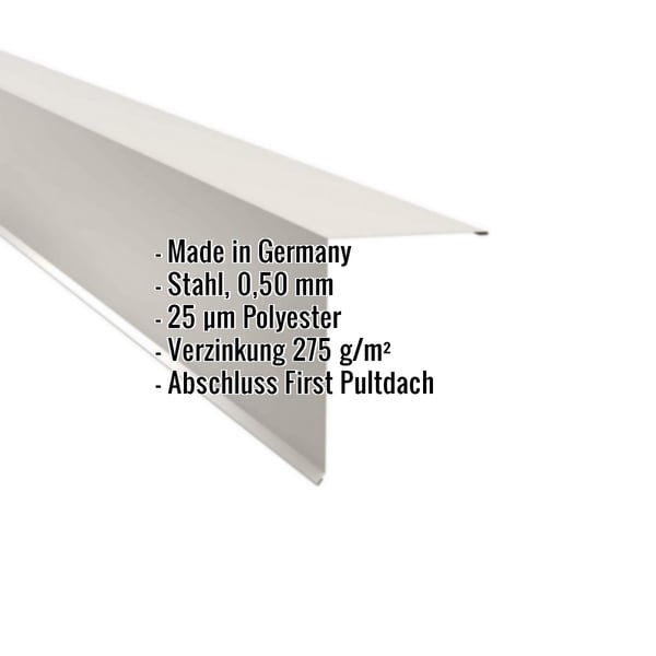Pultabschluss aus Stahl, Reinweiß RAL 9010, mit Polyesterbeschichtung und eingeblendeten Eckdaten