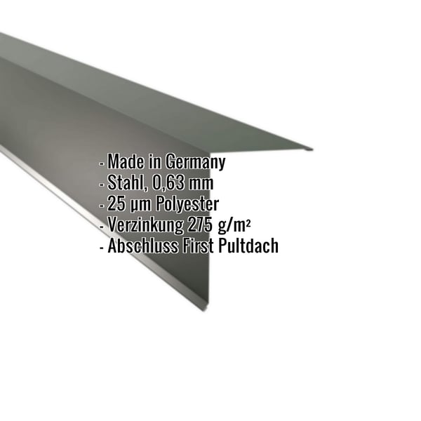 Pultabschluss Chromoxidgrün RAL 6020, 0,63 mm Stahl, mit eingeblendeten Eckdaten