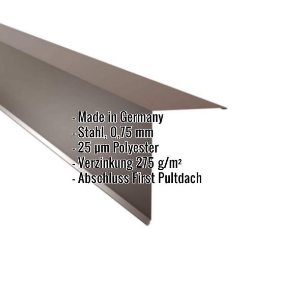 Pultabschluss Nussbraun RAL 8011 aus Stahl 0,75 mm, 25 µm Polyester, mit eingeblendeten Eckdaten