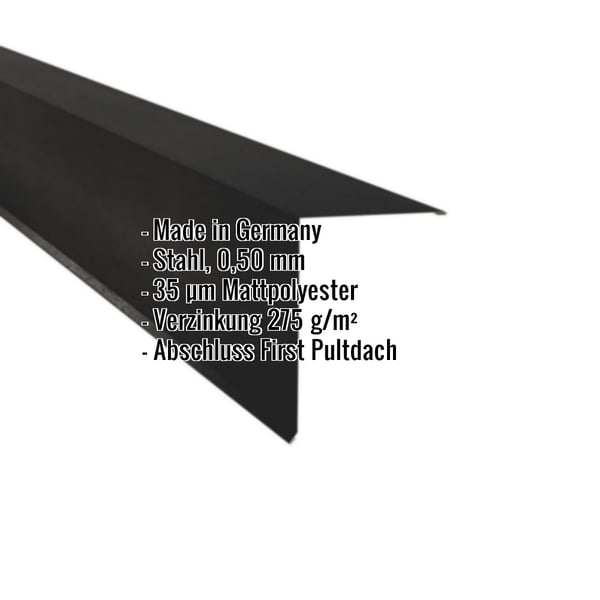 Pultabschluss aus schwarzem Stahl, 0,50 mm, mit 35 µm Mattpolyester-Beschichtung und eingeblendeten Eckdaten
