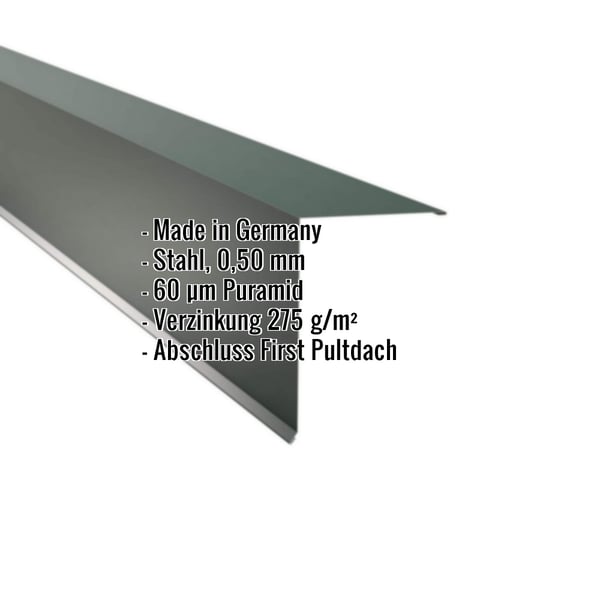 Pultabschluss aus moosgrünem Stahl, 0,50 mm, mit Puramid-Beschichtung, Eckdaten eingeblendet