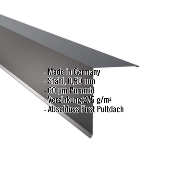 Pultabschluss Anthrazitgrau 80 Grad, Stahl 0,50 mm, Puramid Beschichtung, mit eingeblendeten Eckdaten