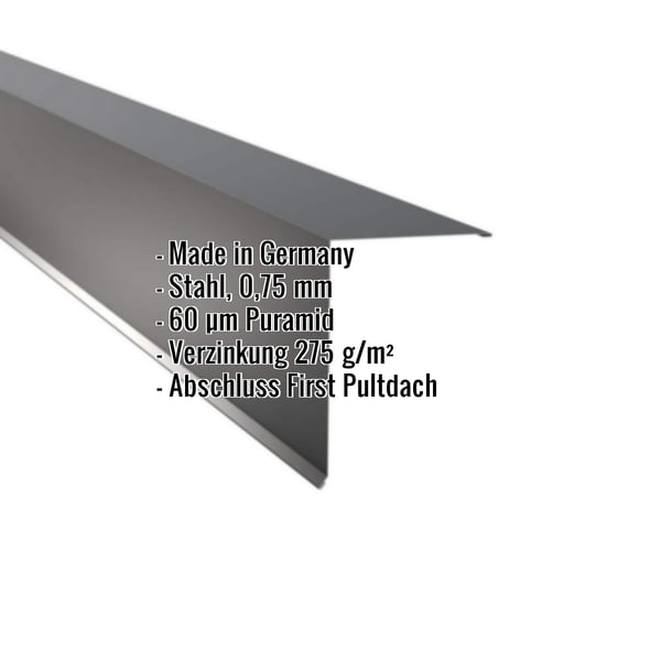 Pultabschluss aus Stahl, Anthrazitgrau, 0,75 mm, mit Puramid-Beschichtung und eingeblendeten Eckdaten