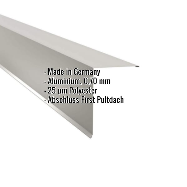 Pultabschluss Aluminium RAL 9006, 0,70 mm, mit eingeblendeten Eckdaten zu Material und Beschichtung