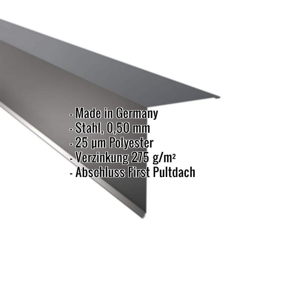 Pultabschluss aus anthrazitgrauem Stahl, 0,50 mm, mit Polyesterbeschichtung, wichtige Eckdaten eingeblendet