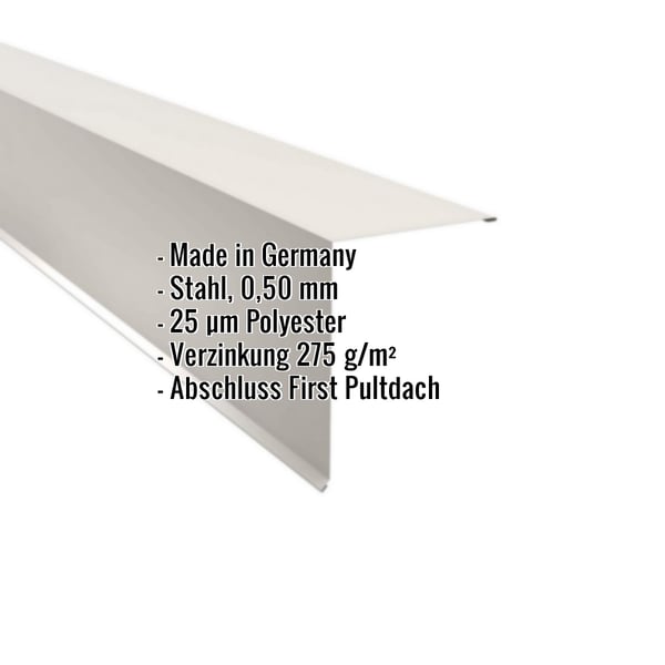 Pultabschluss aus Stahl, Reinweiß RAL 9010, mit eingeblendeten Eckdaten zu Material und Beschichtung