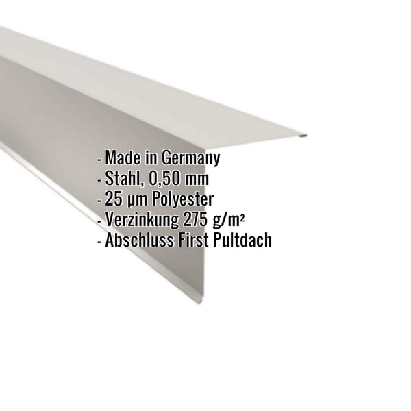 Pultabschluss aus Stahl, Grauweiß RAL 9002, 0,50 mm Stärke, mit eingeblendeten Produktdetails