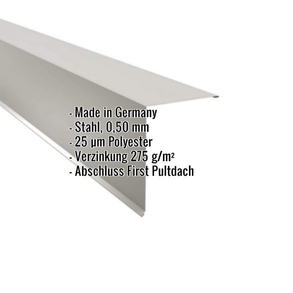 Pultabschluss aus Stahl, 0,50 mm, Weißaluminium (RAL 9006), mit Polyesterbeschichtung und Eckdaten-Einblendung