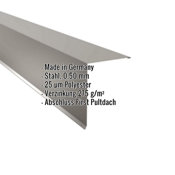 Pultabschluss Graualuminium RAL 9007, 0,50 mm Stahl, mit eingeblendeten Produktdaten