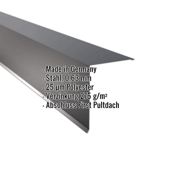 Pultabschluss aus Stahl, Anthrazitgrau RAL 7016, mit eingeblendeten Eckdaten