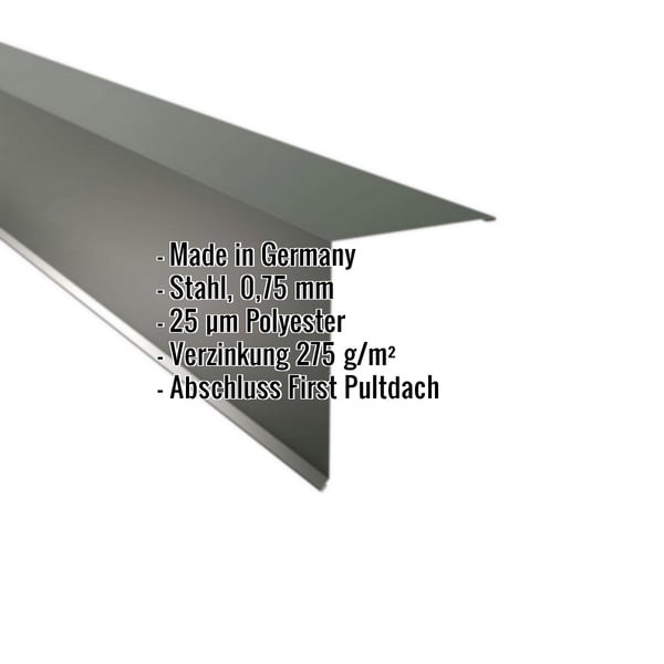 Pultabschluss aus Stahl, Chromoxidgrün, mit eingeblendeten technischen Daten und Herkunftsland