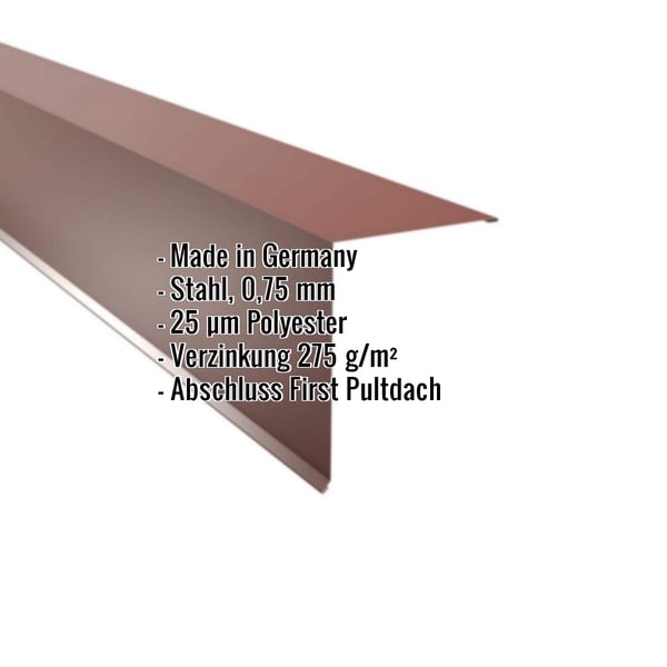 Pultabschluss aus rotbraunem Stahl, 0,75 mm, mit Polyesterbeschichtung, Eckdaten eingeblendet