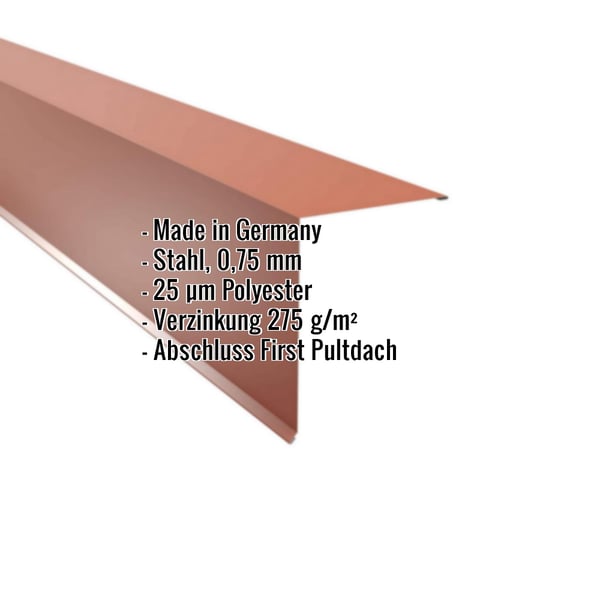 Pultabschluss Kupferbraun (RAL 8004) aus Stahl, 0,75 mm, mit Polyesterbeschichtung, Eckdaten eingeblendet