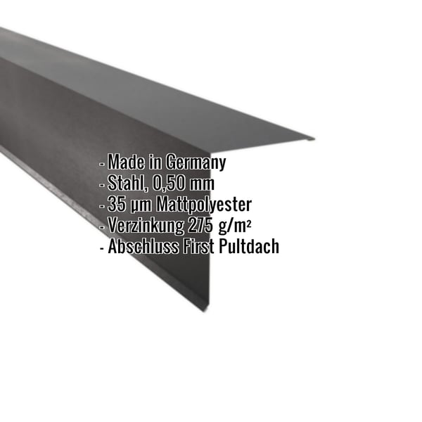 Pultabschluss aus Stahl, dunkelgrau, mit eingeblendeten Eckdaten wie Material, Staerke und Beschichtung