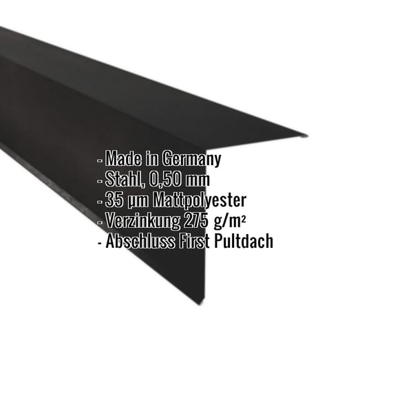 Pultabschluss Stahl schwarz, 0,50 mm, mit eingeblendeten Eckdaten zu Material und Beschichtung