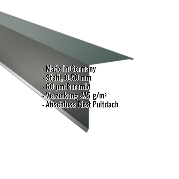 Pultabschluss aus Stahl, moosgrün, 0,50 mm, mit eingeblendeten Produktdetails
