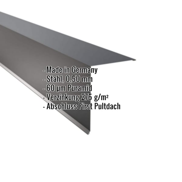 Pultabschluss aus Stahl, anthrazitgrau, mit eingeblendeten Produktdaten und Herkunft