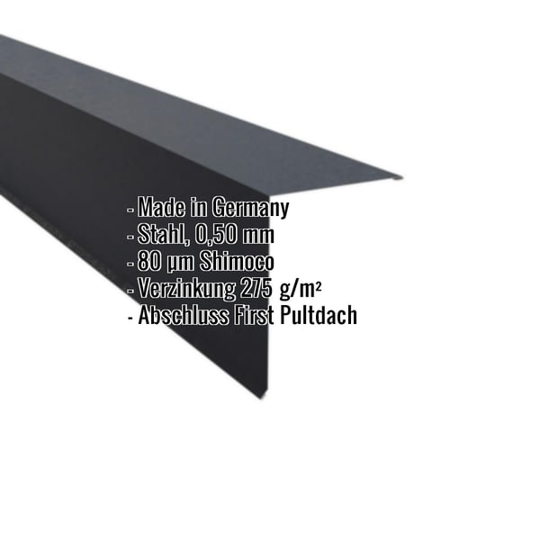 Pultabschluss aus Stahl, Anthrazitgrau RAL 7016, mit eingeblendeten Eckdaten wie Material, Staerke und Beschichtung