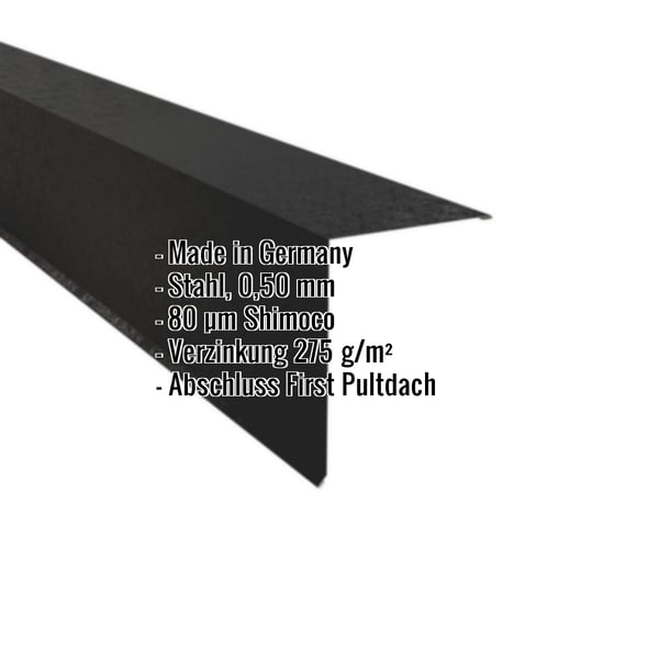 Pultabschluss aus tiefschwarzem Stahl, 0,50 mm, mit Shimoco Beschichtung und eingeblendeten Eckdaten