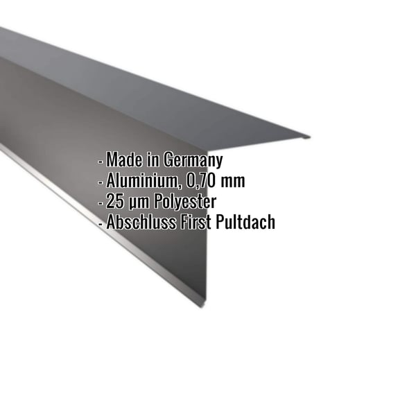 Pultabschluss Aluminium Anthrazitgrau, 0,70 mm, mit eingeblendeten Eckdaten zum Material und der Beschichtung