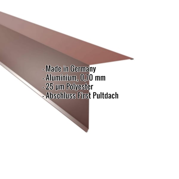 Pultabschluss Rotbraun RAL 8012, Aluminium 0,70 mm, mit eingeblendeten Eckdaten