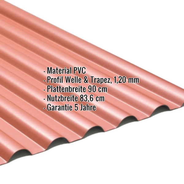 PVC Profilplatte SINTRA 77/18 Rot-Metallic, 1,20 mm Staerke, mit eingeblendeten Eckdaten zu Material und Massen