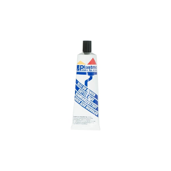 Plastmo PVC Spezialkleber, weiße Tube mit schwarzer Kappe und blauem Etikett mit mehrsprachiger Aufschrift