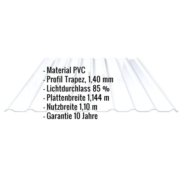 PVC Spundwandplatte klarbläulich, 1,40 mm, mit eingeblendeten Eckdaten zu Material, Profil, Lichtdurchlass und Garantie