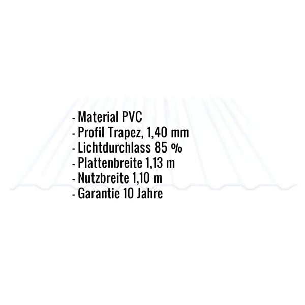 PVC Spundwandplatte klarbläulich, Infografik mit Eckdaten Material, Profil Trapez, Lichtdurchlass, Plattenbreite,