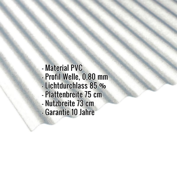 PVC Wellplatte 32/09, klar, 0,80 mm, mit eingeblendeten Eckdaten zu Material, Profil, Lichtdurchlass und Massen