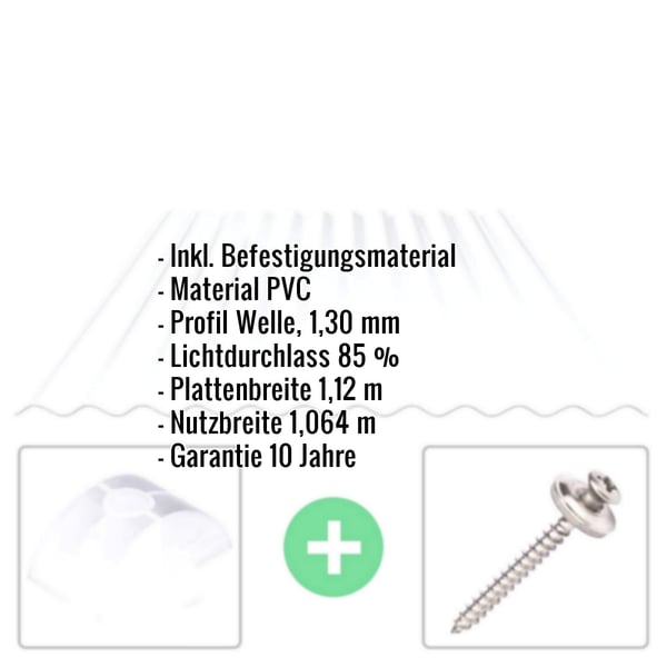 PVC Wellplatte 76/18 klarbläulich mit eingeblendeten Eckdaten und Befestigungsmaterial